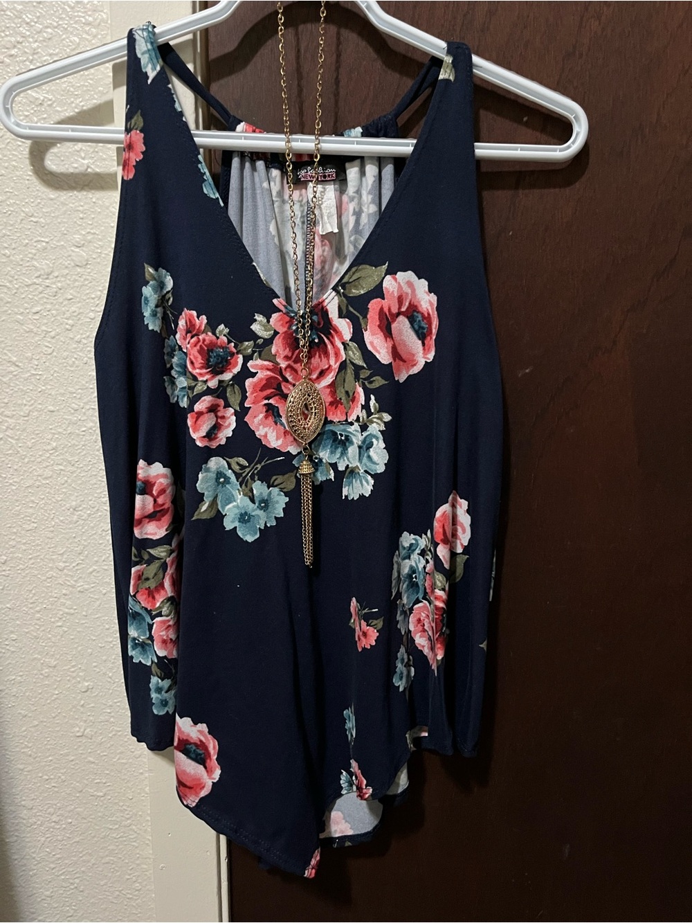 Women's Navy Floral V-Neck Tank Top - Navy with Pink & Teal Flowers
